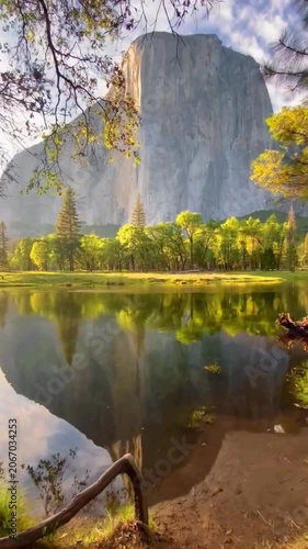 El Capitan mountain peak reflecting in calm river at Yosemite Valley