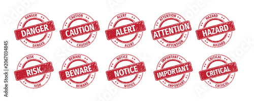 Tableau sur toile Red Grunge Warning Stamp Set Vector – Danger, Caution, Alert, Attention, Hazard, Risk, Beware, Notice, Important, Critical Labels Collection of warning and alert stamps