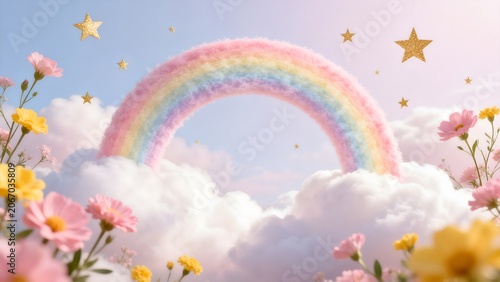 Rainbow in sky with flowers and stars
