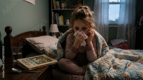 Young Girl Sniffles While Wrapped In A Quilt On Bed Reading Book