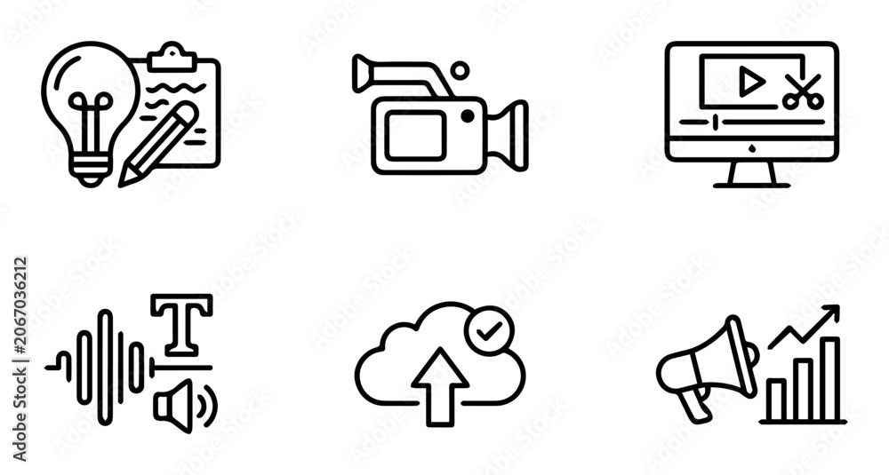 Fototapeta premium Creative media icons, video production symbols, audio waveform graphics, cloud upload vector set