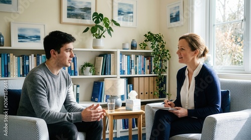 Young Man Discussing Issues With A Therapist In A Calm Consultation Room