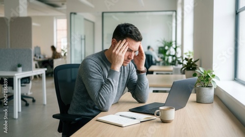 Young Man Experiencing Stress And Burnout While Working In A Modern Office Workplace
