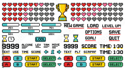 Photos Retro pixel art game user interface element design.
