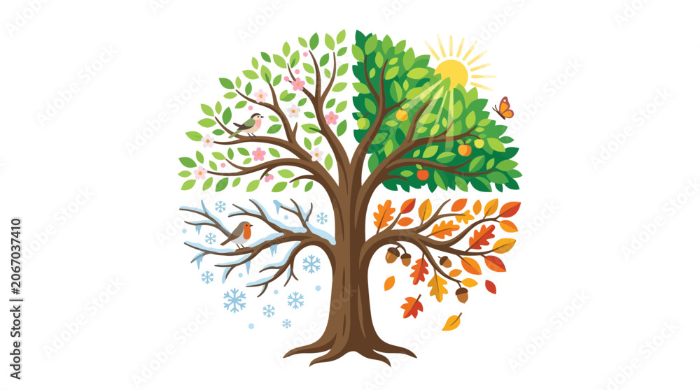 Fototapeta premium Tree of Seasons: Spring, Summer, Autumn, Winter Cycle