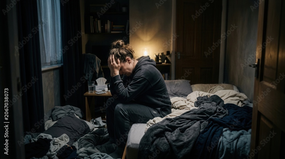 Fototapeta premium Young Woman In Distress Sitting On Messy Bed In Dark Bedroom