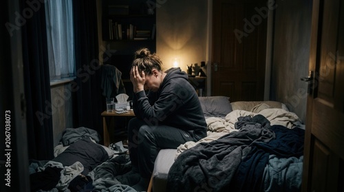 Young Woman In Distress Sitting On Messy Bed In Dark Bedroom