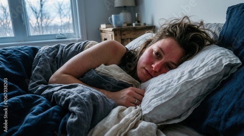 Young Woman Lying In Bed With Eyes Open Looking Out Window Feeling Sad And Tired