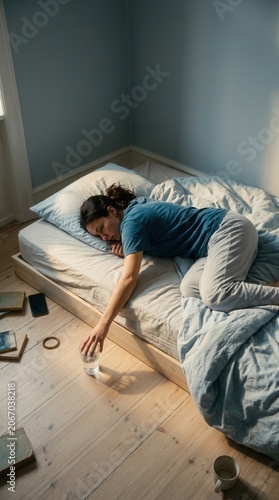 Young Woman Reaching For Water On Bedside Table