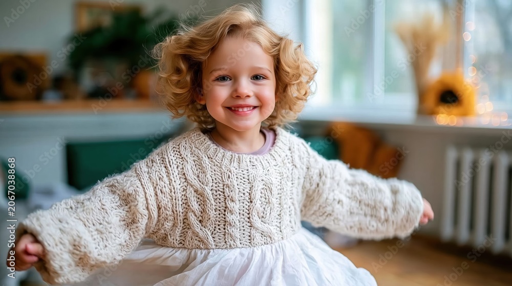 Fototapeta premium A delighted child spins joyfully while wearing a cozy sweater, embodying pure childhood happiness in a beautifully designed indoor space filled with soft textures and colors.