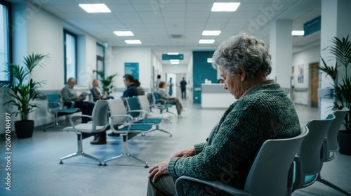 Worried Elderly Patient Waiting In Modern Hospital Reception Area