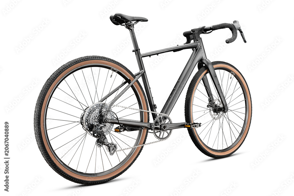 Obraz premium Gravel bicycle with dark frame isolated on white background. Backside view. Studio shot
