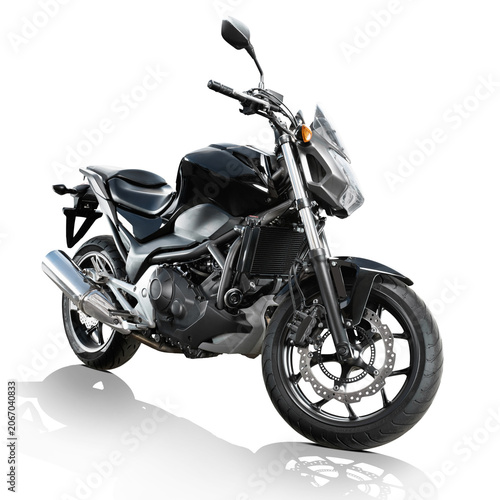Sport motorcycle isolated on white background. Naked street bike. Front three-quarter view.