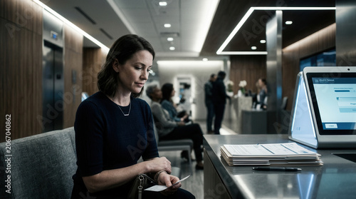Woman Waiting In Modern Lobby Examining Paperwork In Thoughtful Reflection