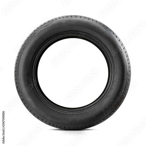 Car tire isolated on white background. Clean studio shot from side view, suitable for automotive, tire retail and replacement concepts.