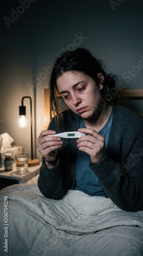 Worried Woman Checks Thermometer In Dark Bedroom At Night