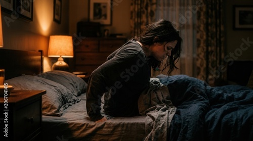 Woman Waking Up Disoriented In A Dimly Lit Bedroom At Dawn