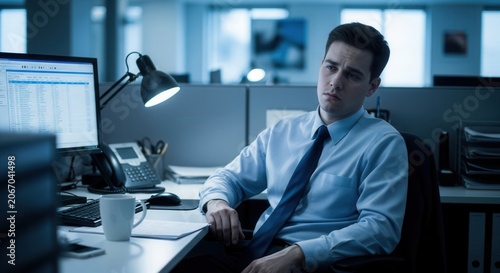 Worried Young Businessman Sitting At His Desk With Stock Market Charts On Computer