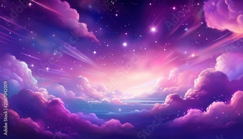 Sparkling Purple Sky Surrounded By Fluffy Clouds Dreamy Soft Style Gradient Background Fantasy Magic Atmosphere