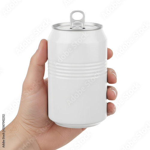A hand holding a blank white aluminum beverage can against transparent background