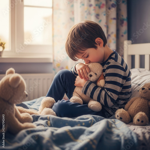 Young Boy Embraces Teddy Bear in Bedroom, Experiencing Peaceful Moments of Comfort