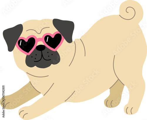 Minimalist flat illustration of a lovely pug dog. Vibrant puppy character for modern pet care identity, children's book layouts, and apparel graphic designs.