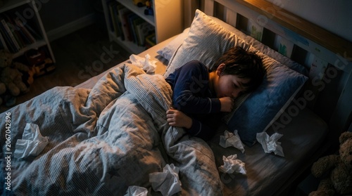 Young Boy Feeling Unwell In Bed Surrounded By Tissues