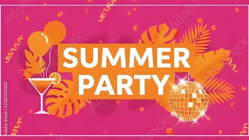 Bright summer party banner with cocktail glass, disco ball, balloons and tropical palm leaves on vibrant pink background