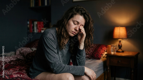 Woman Suffering From Stress In Bedroom At Dusk With The Lamp On