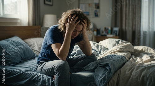 Woman Suffering From Stress, Anxiety, Or Depression Sitting In A Bedroom