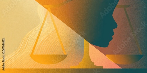 abstract postcard showing gold scales of justice balanced between light and shadow, with a subtle silhouette of a black woman and modern branding