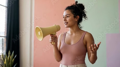 Confident young woman using a megaphone while speaking and gesturing indoors. Communication, public speaking, leadership and marketing concept.