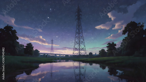 Serene night river landscape under starry twilight sky, digital illustration
