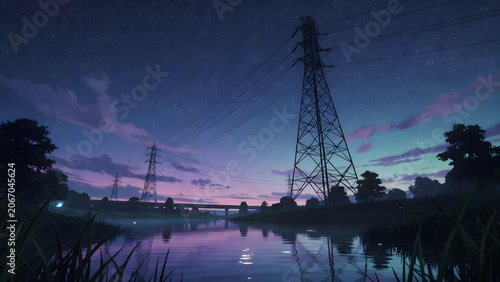 Serene night river landscape under starry twilight sky, digital illustration