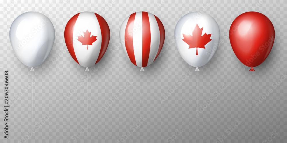 Naklejka premium Set of 5 realistic 3D Canadian patriotic balloons with thin strings isolated on a transparent background. Ideal for Canada Day, national holidays, ice hockey sporting events, and autumn celebrations.