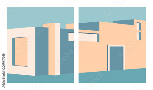 3d view of building vector set. Retro colorful architecture design illustrations.