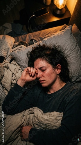Woman Struggling With Sleep In A Dimly Lit Bedroom Setting