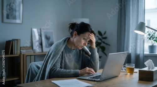 Woman Feeling Unwell Working Remotely With Laptop and Tissue Box