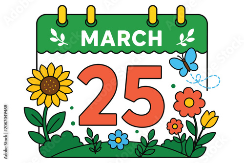 Foto March 25 calendar page with colorful flowers and butterfly