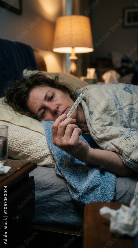 Fototapeta premium Woman Sick In Bed Holding Thermometer Feeling Ill And Unwell