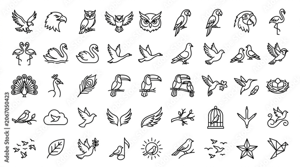 Fototapeta premium A collection of various bird illustrations and icons are shown.