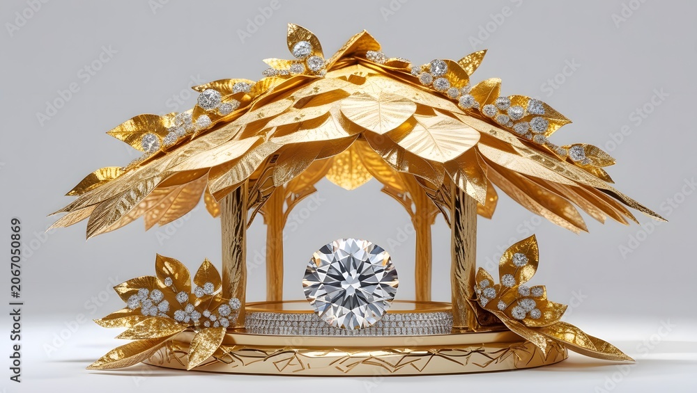 Fototapeta premium Luxury Diamond Display in Golden Leaf Hut with Elegant Jewelry Presentation on White Background