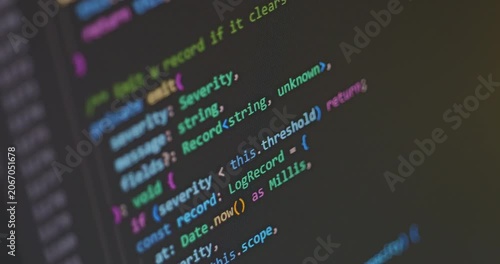 Close up video of scrolling abstract TypeScript code . Modern Artificial Intelligence (AI) development concept