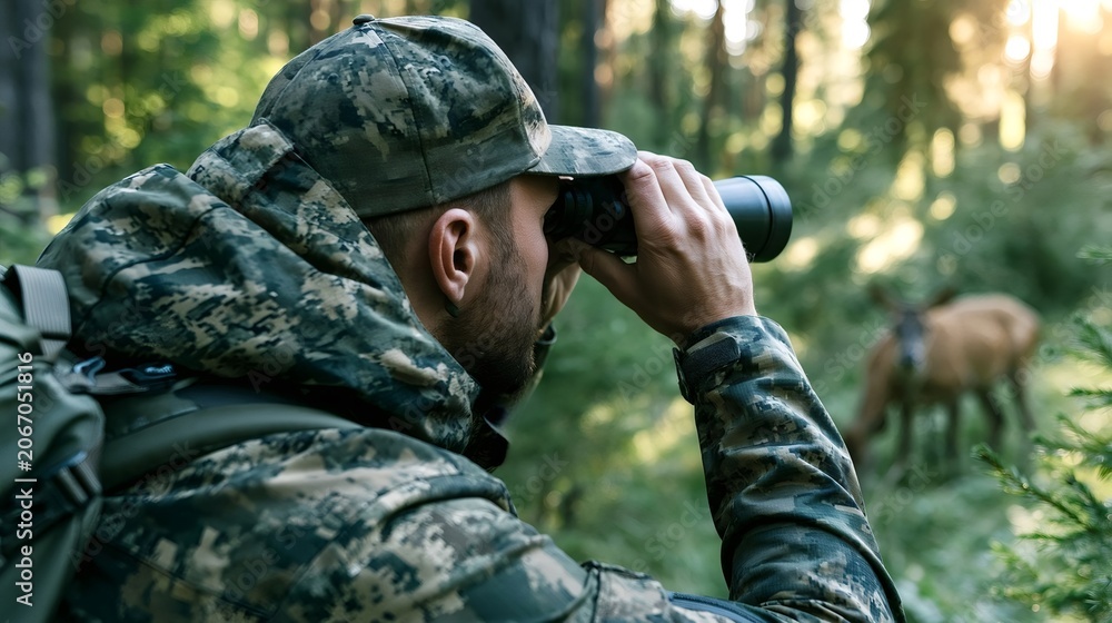 Fototapeta premium Hunter wearing camouflage clothing and a cap, scouting for wildlife with binoculars in a green forest with a deer in the blurry background