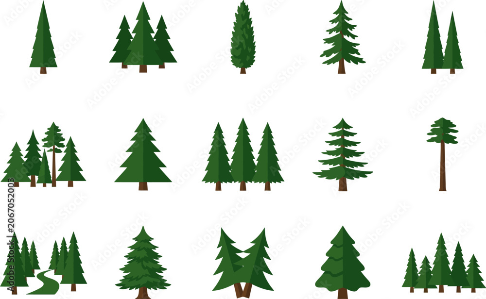 Fototapeta premium Collection of various pine tree silhouettes.