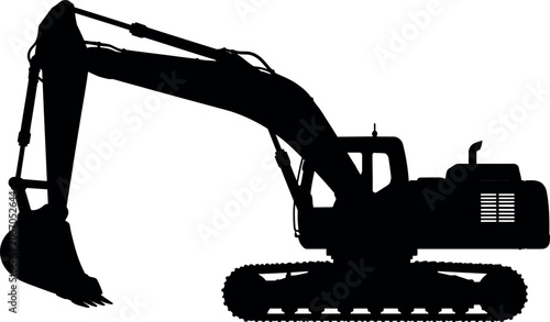Black silhouette of a heavy construction excavator on a white background