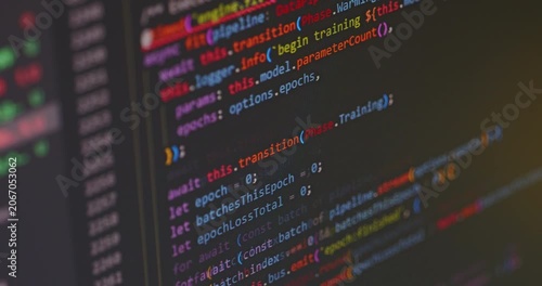Close up video of scrolling abstract TypeScript code  with changing IDE color theme. Modern Artificial Intelligence (AI) development concept