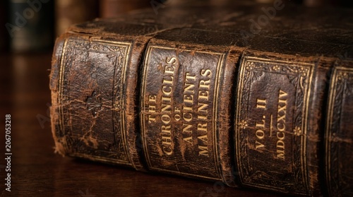 Close up of old leather bound book 'chronicles of ancient mariners vol ii mdcccxxiv'