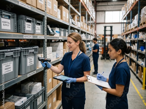 professional medical warehouse staff inspecting storage containers healthcare logistics hospital inventory pharma supply chain concept
