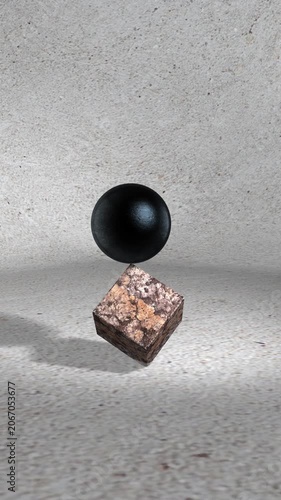 Black sphere balancing on stone cube animation